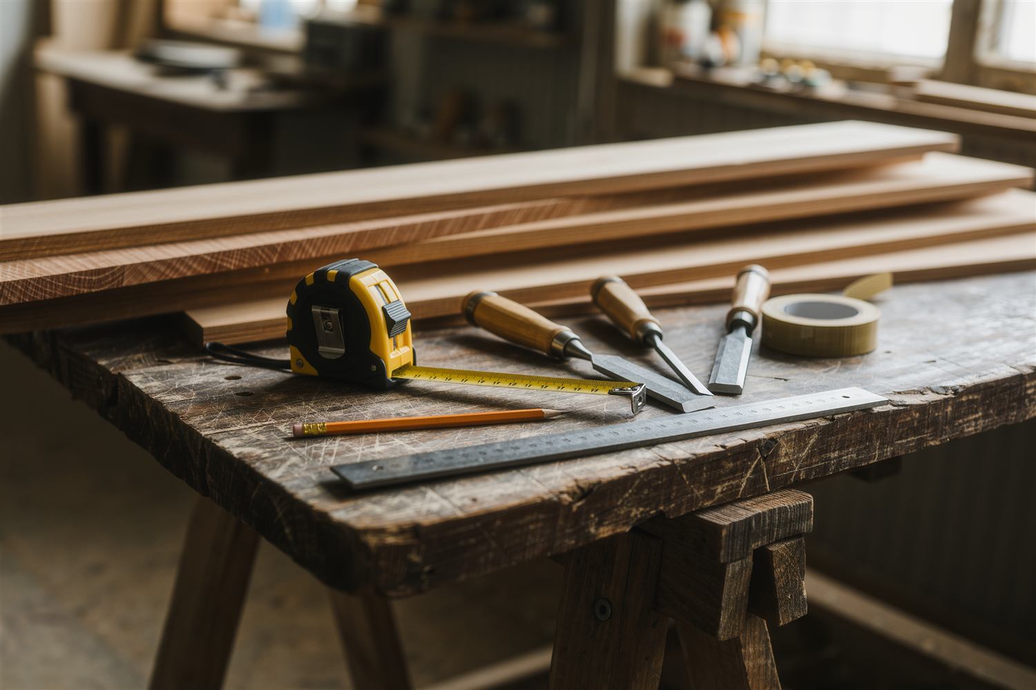 Workbench with chisels, a tape measure, a pencil and a stack of oak boards