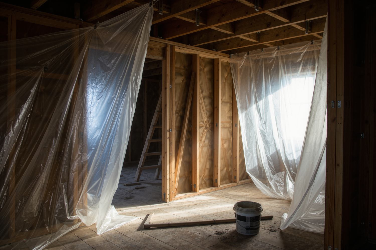 Room stripped to the studs with plastic dust barriers hanging from the ceiling
