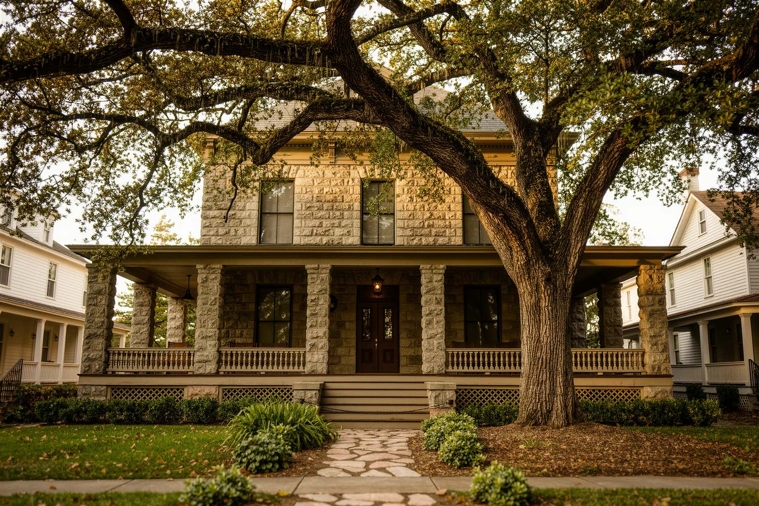 Stone house with a deep wraparound porch under a large live oak