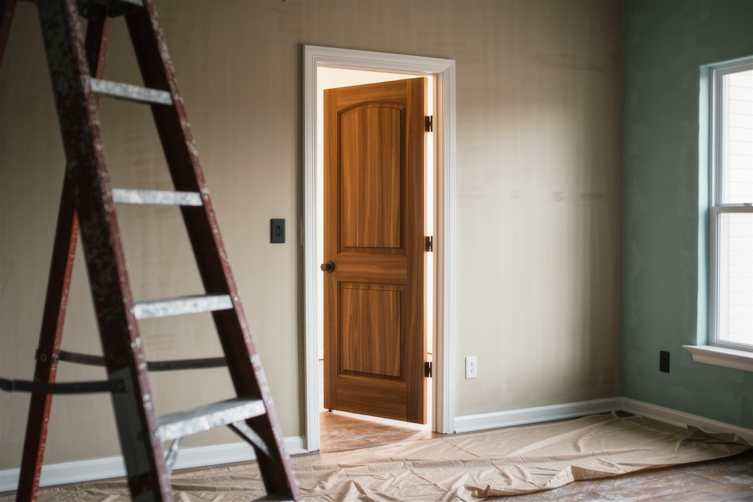 Living room mid-remodel with a new oak interior door, a stepladder and a drop cloth on the floor