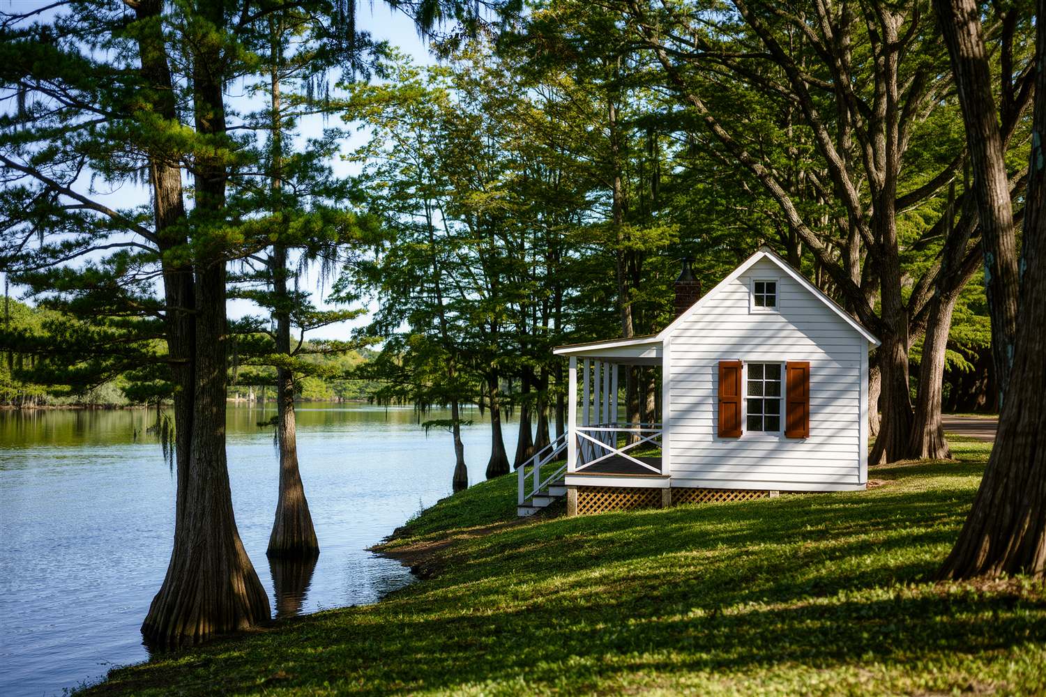 Small white cottage with shutters among tall cypress trees beside a river