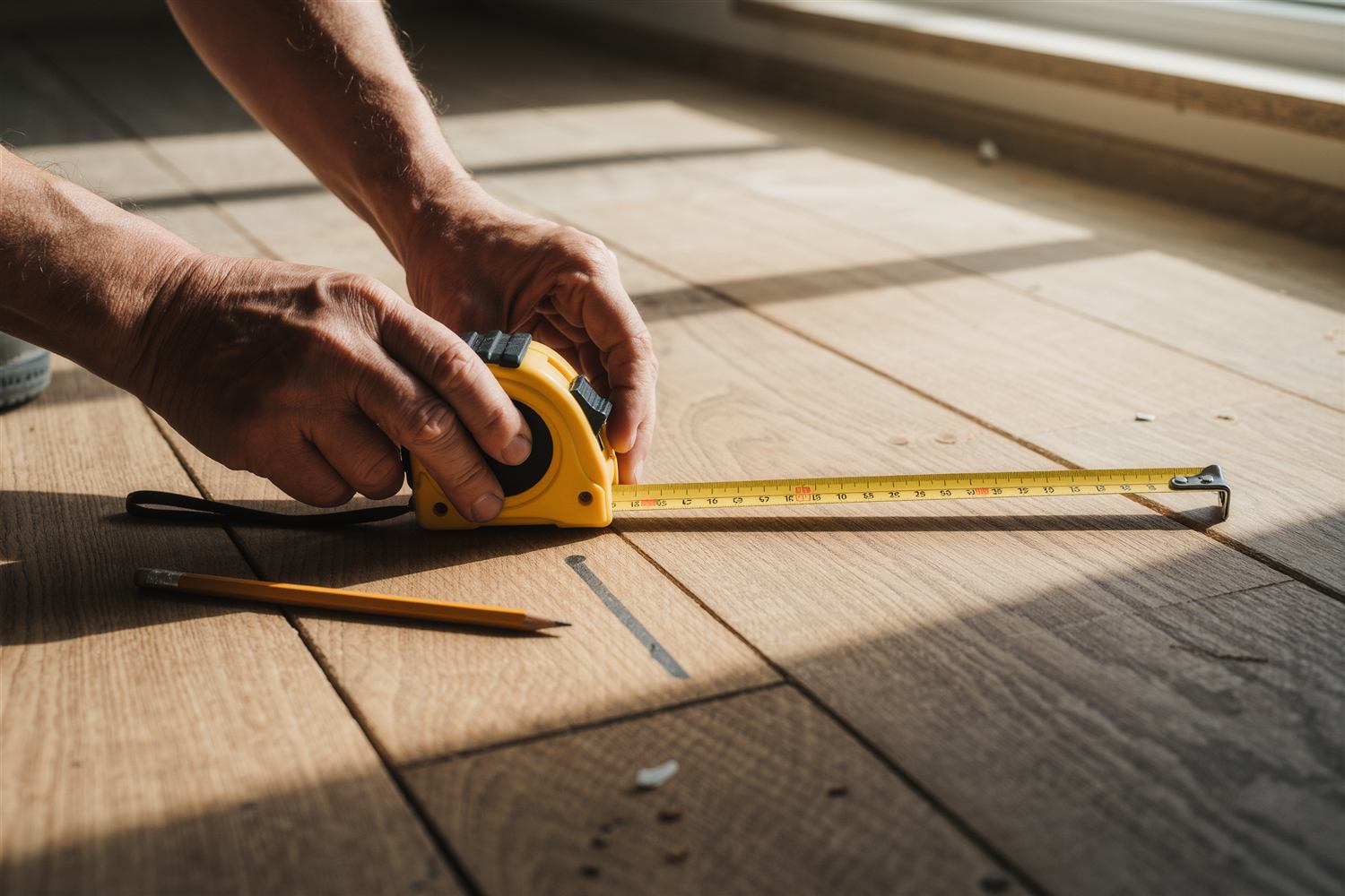 Hands pulling a tape measure across a wood floor with a pencil beside it