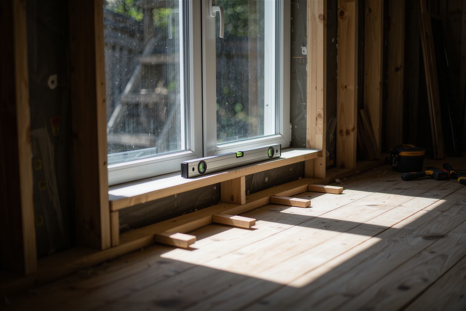 New window set in a framed wall with a level resting on the sill