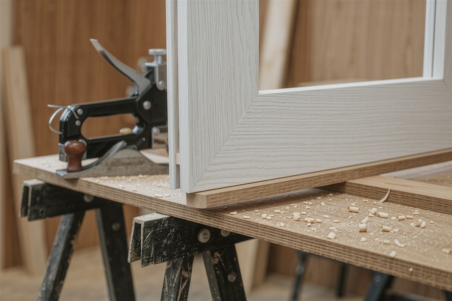 White door casing and a block plane on a sawhorse among wood shavings